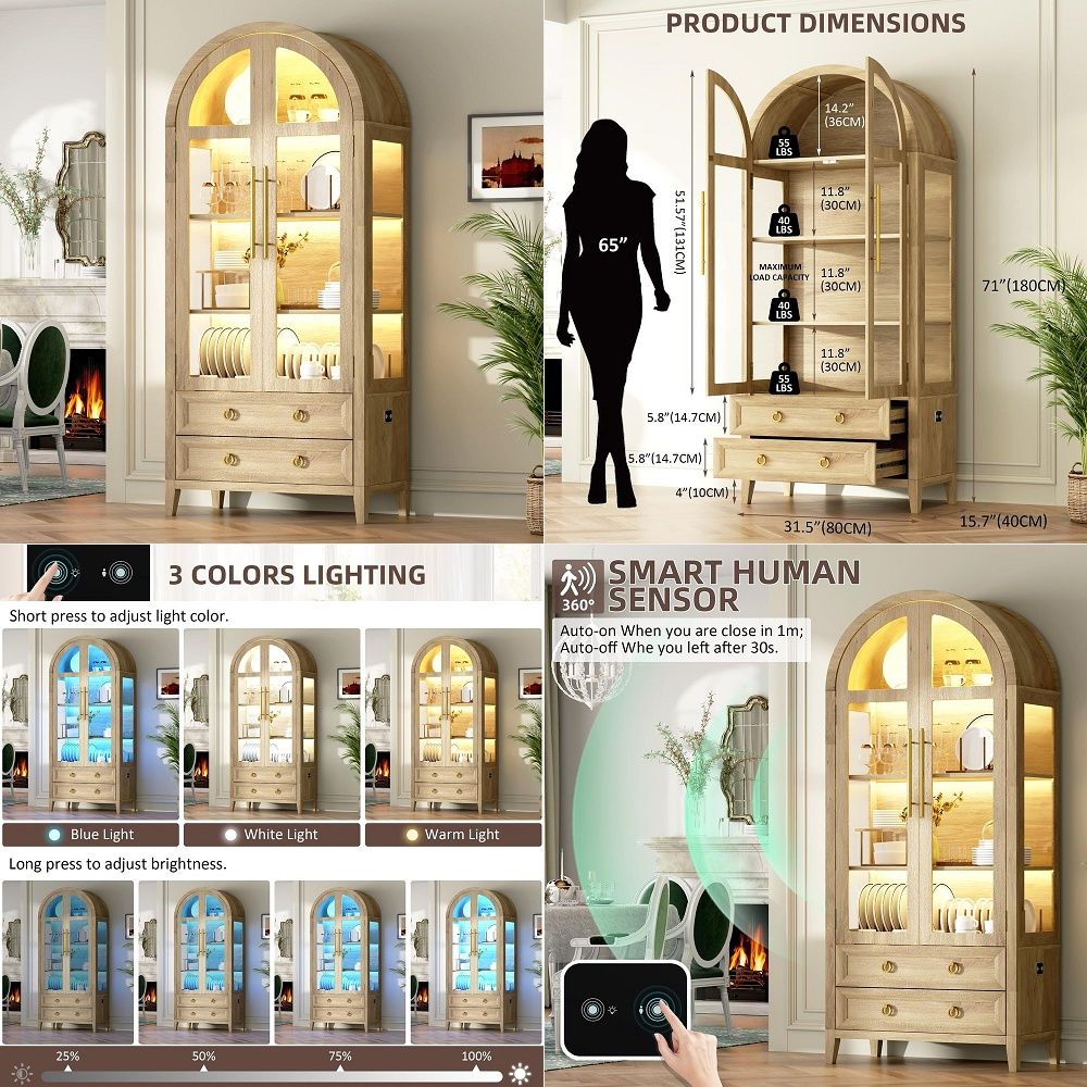 71 Arched Curio Cabinet with G - Glass Cabinet Display recension och pris